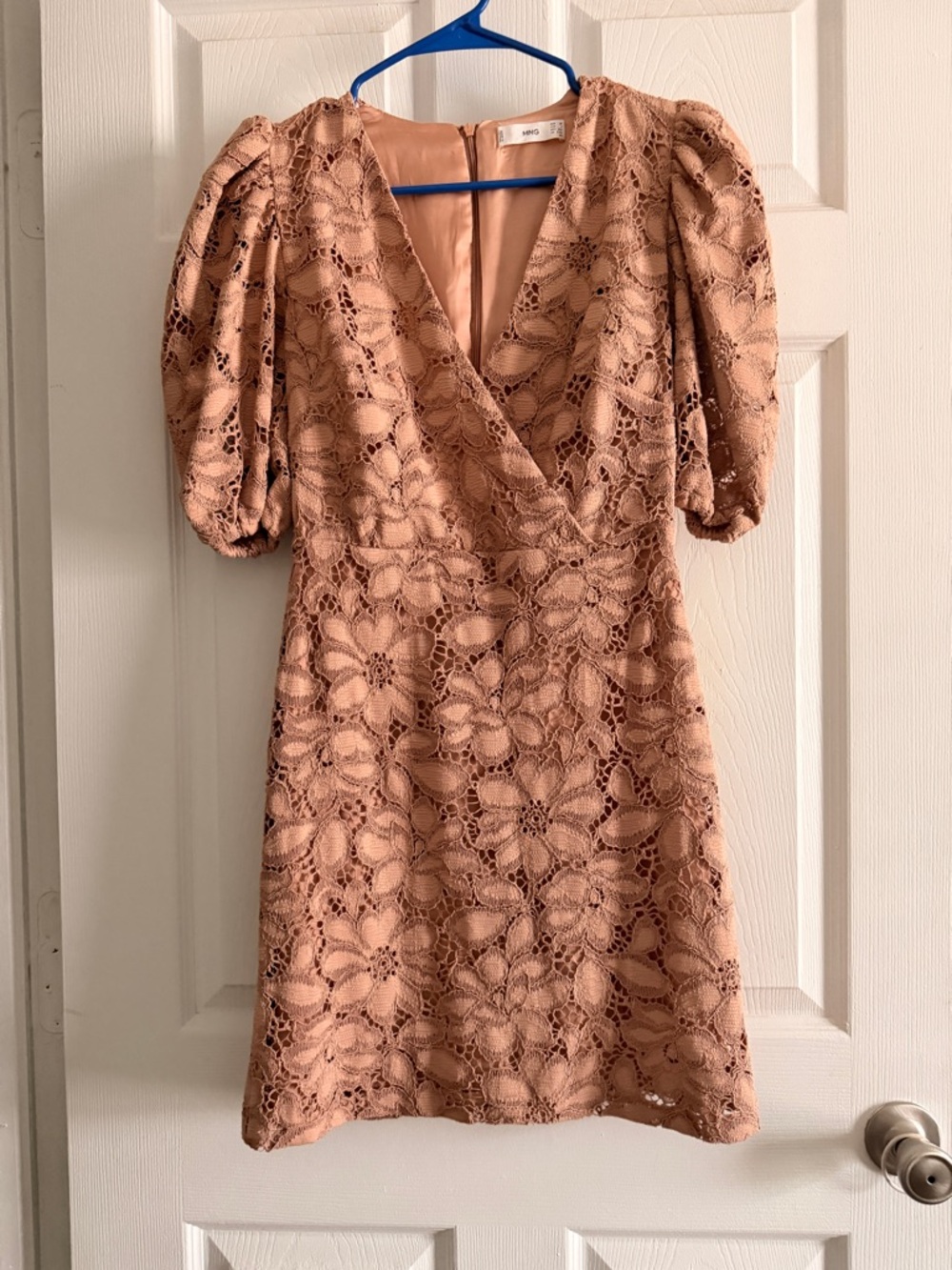 Mango Blush Lace Puff-Sleeve Mini Dress